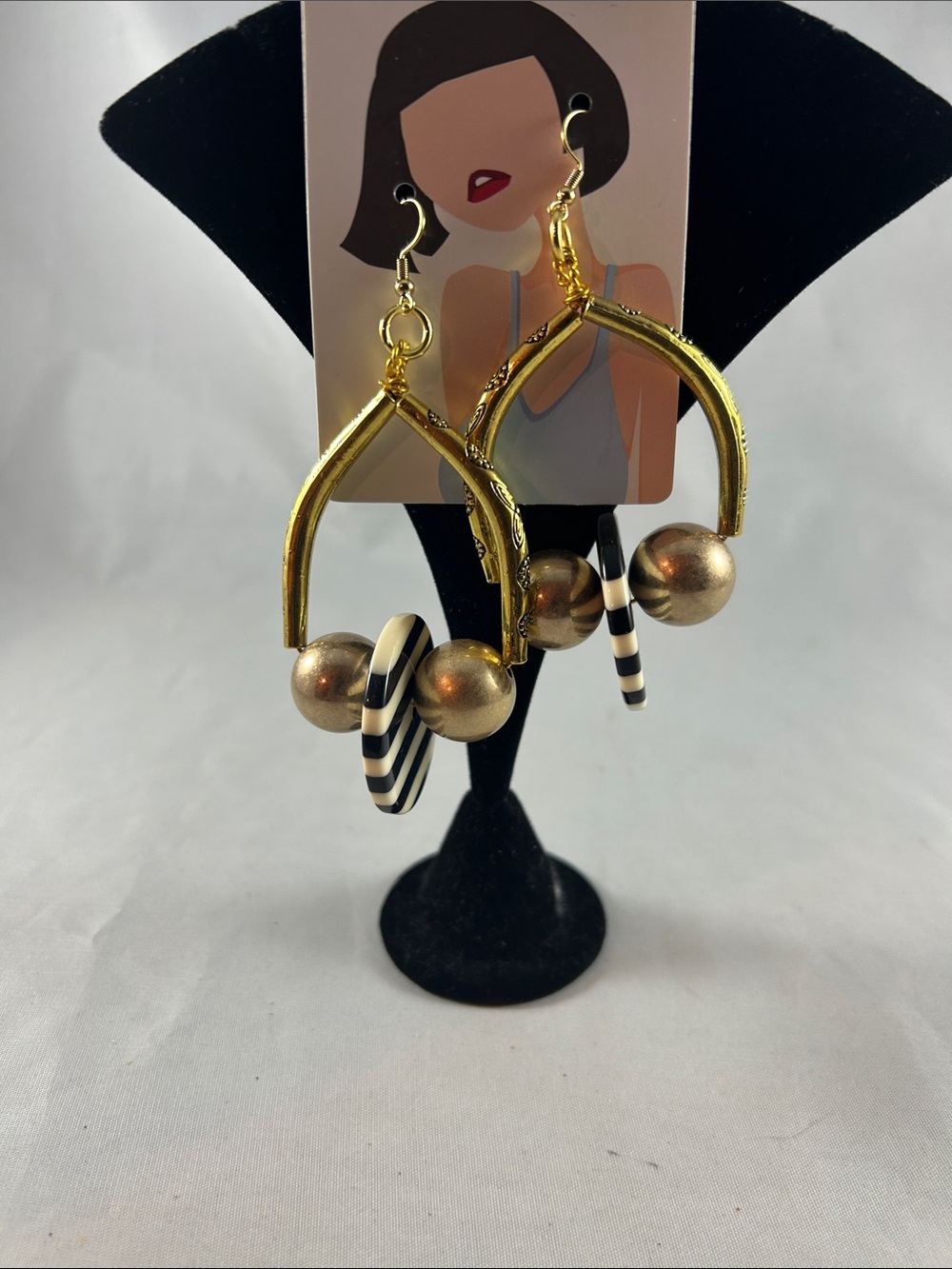 Gold Hoop Dangle Earrings with Black and White Striped Discs